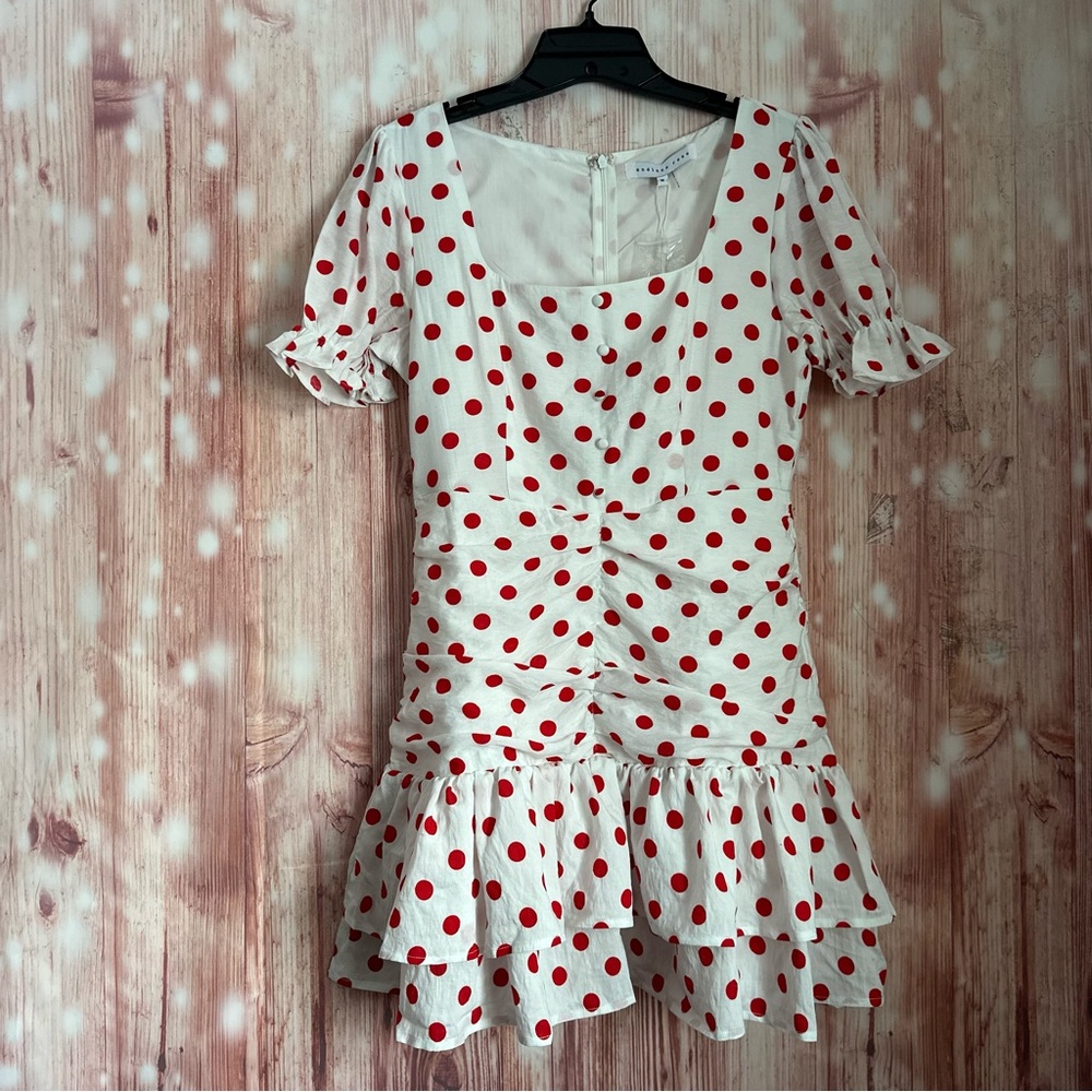 Endless Rose White Retro Style Red Polka Dot Ruffle Hem Ruched Mini Dress Size M - Picture 2 of 16